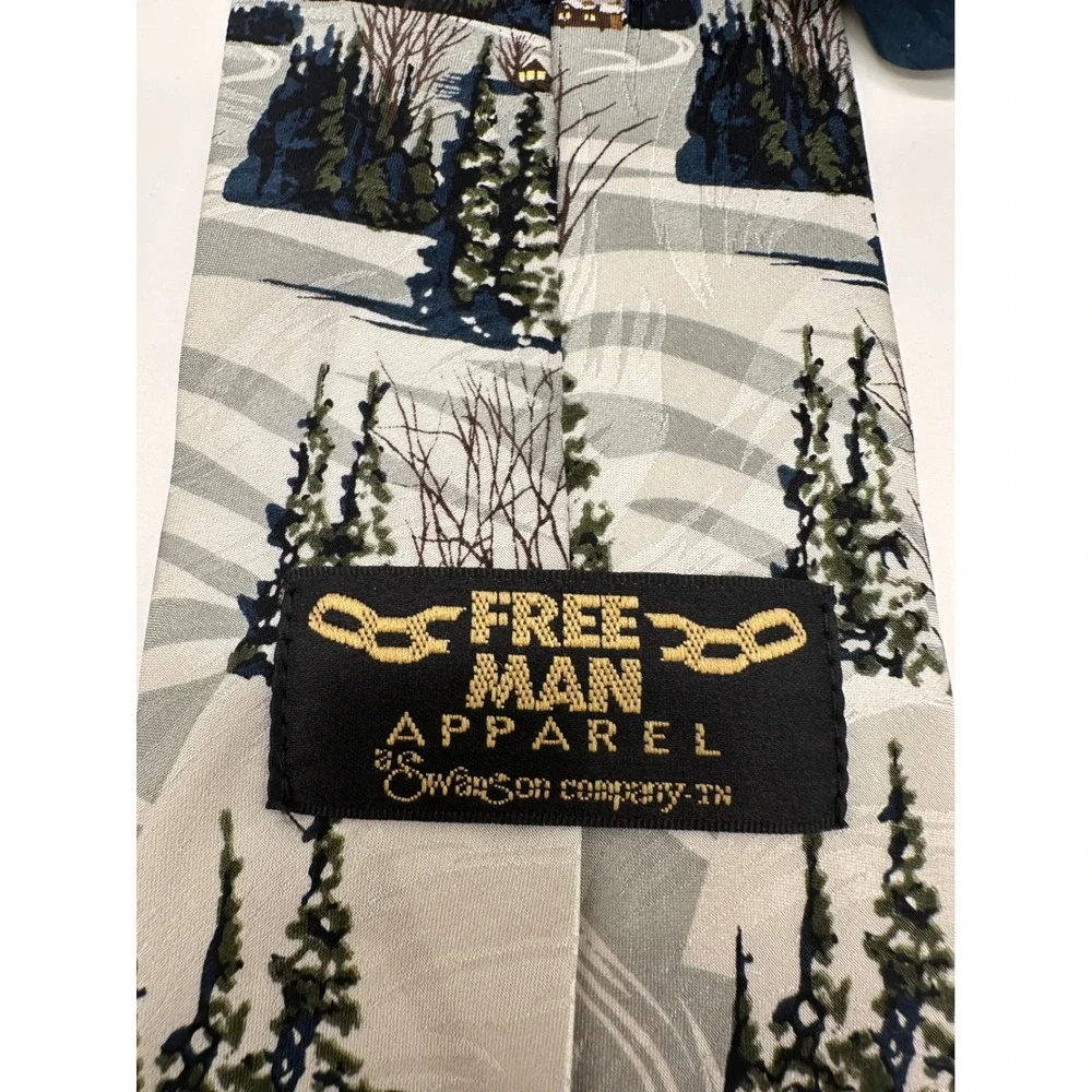 Vintage Free Man Apparel Mens Silk‎ Necktie Winter Scene Church Snow Trees